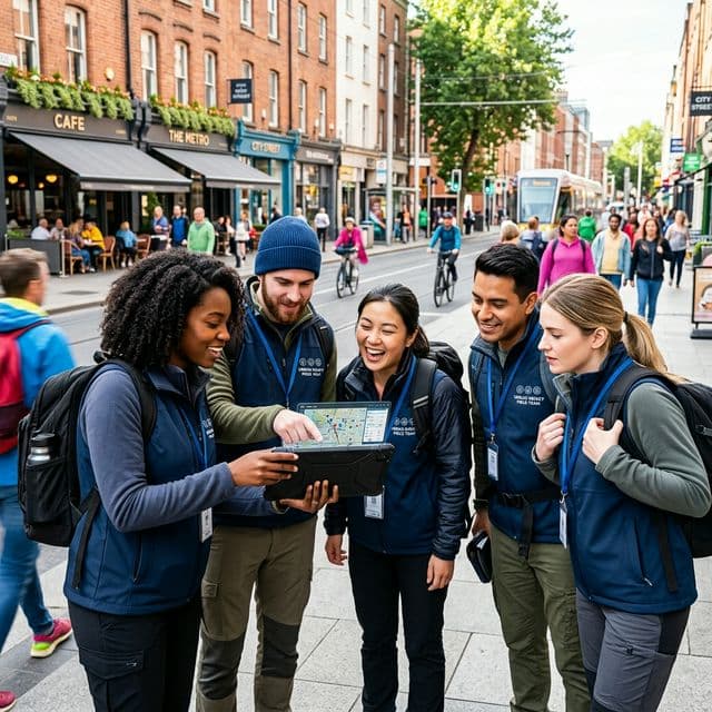 A group of professionals planning a field campaign in an urban environment.